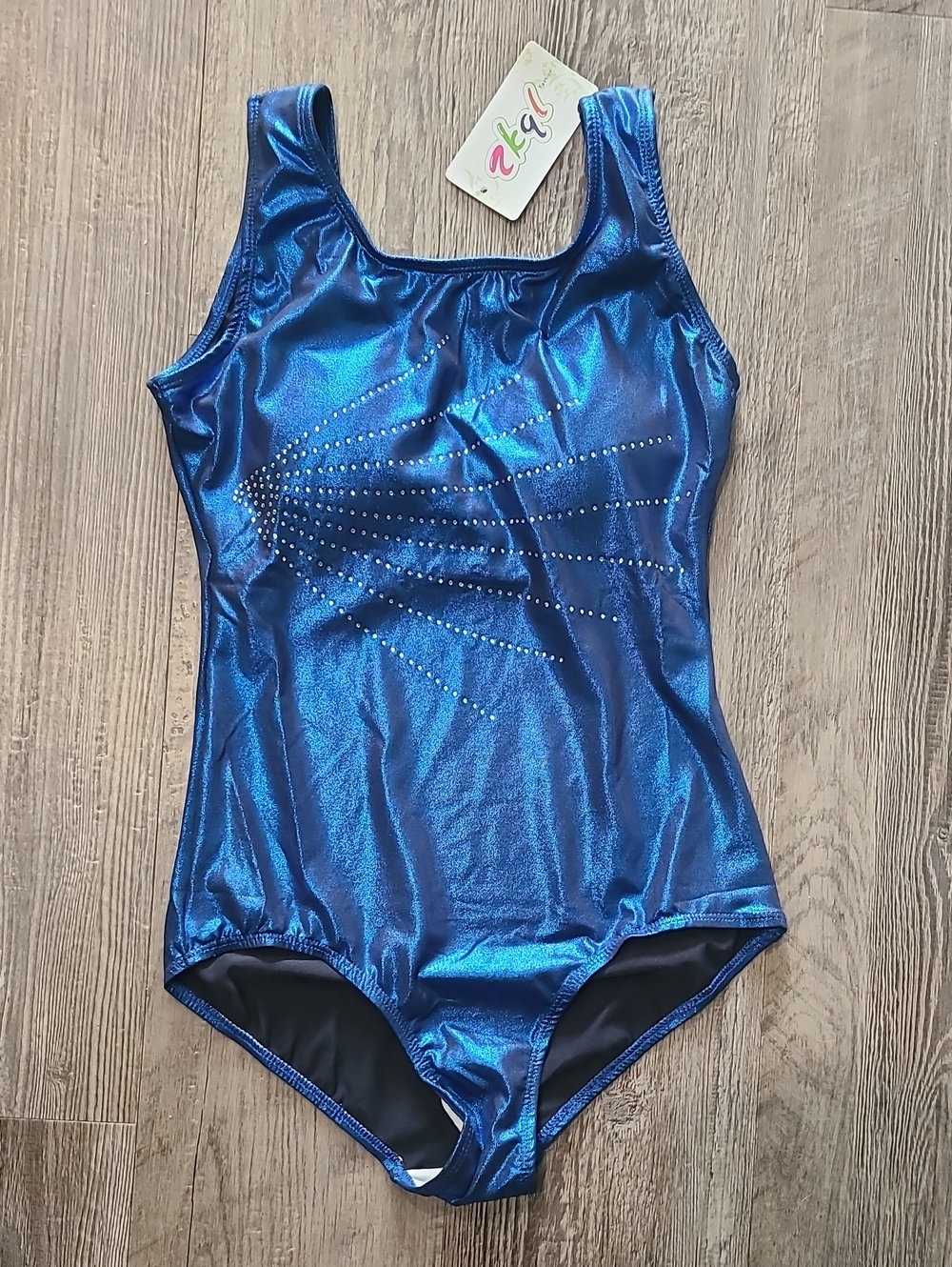 Shiny Metallic Royal Blue Sleeveless Leotard with Crystal Burst - Picture 2 of 4